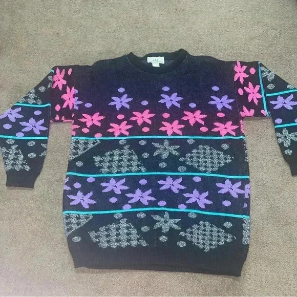 Bay Point Threads Black and Neon Purple Blue Pink 80s 90s Sweater Vintage Large - Picture 1 of 8